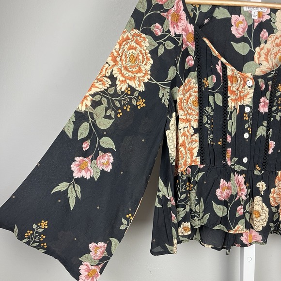 Patrons of Peace Boho Top Womens S Black Floral Crop Peplum Festival Blouse - Picture 4 of 6